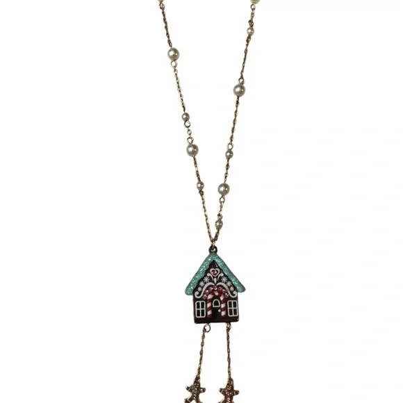 NWT Betsey Johnson Christmas Gingerbread House Long Chain Pendant Necklace - Picture 6 of 10